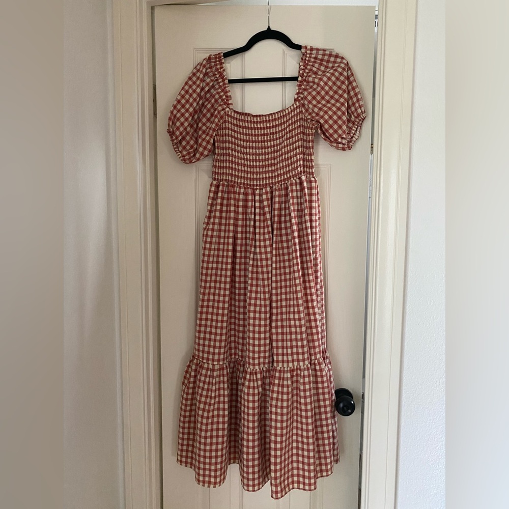 Red and White Gingham Puff Sleeve Dress